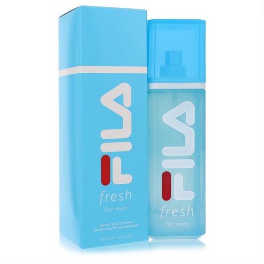 Fila Fresh for Men 3.4 oz Eau De Toilette spray. Modern light blue translucent bottle with red Fila logo and matching box.