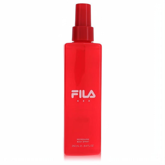 Striking red Fila Red men's body spray, 8.4 fl oz, in a modern rectangular bottle with white branding.