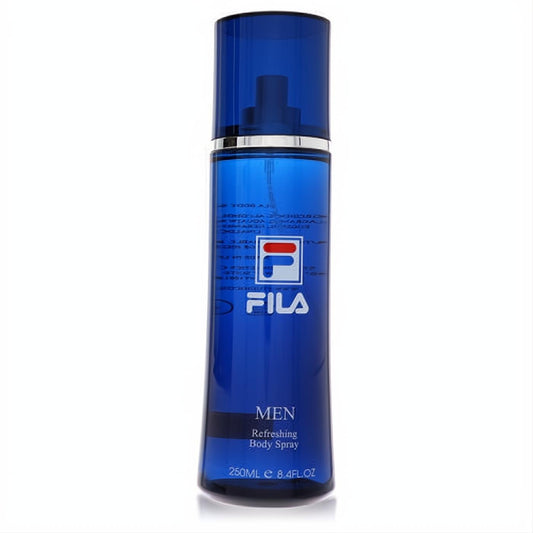 Fila Men's 8.4 oz refreshing body spray in a sleek, translucent deep blue bottle with a silver band and iconic Fila logo.