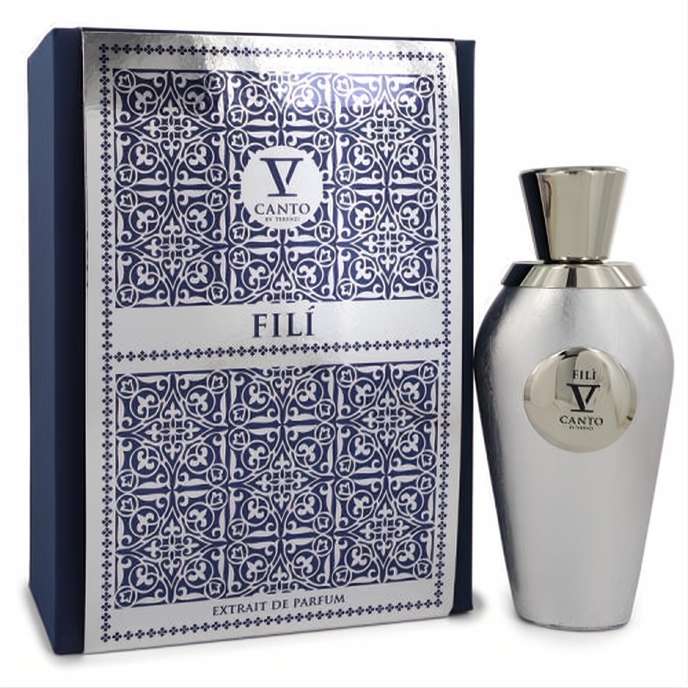 Sleek silver Fili V by V Canto Extrait De Parfum bottle and luxurious navy box with intricate silver pattern.