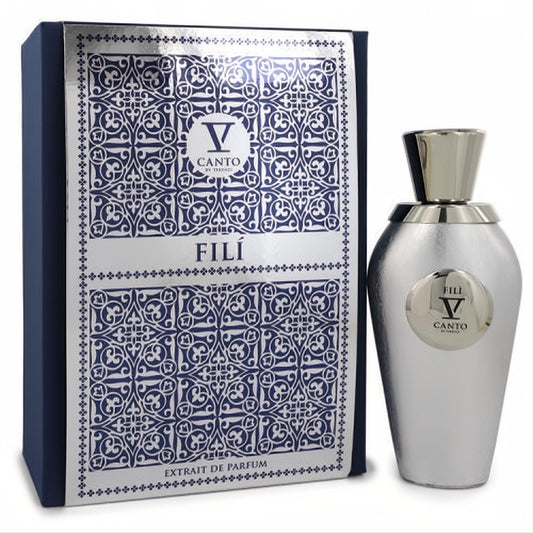 Sleek silver Fili V by V Canto Extrait De Parfum bottle and luxurious navy box with intricate silver pattern.
