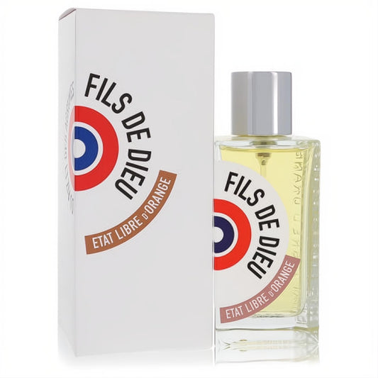 Discover Fils De Dieu 3.4 oz unisex EDP. Clear glass bottle, silver cap, and white box with iconic red, white, blue branding.