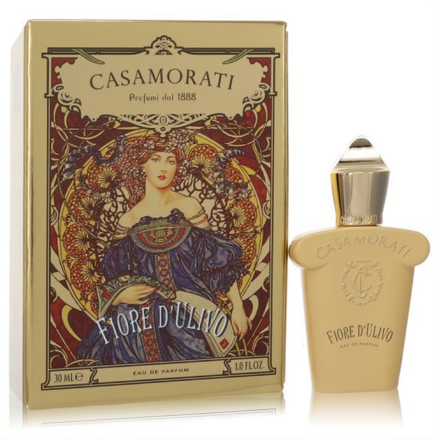 Luxurious Xerjoff Fiore D'Ulivo 1 oz EDP. Golden bottle with ornate cap next to its stunning art nouveau box.