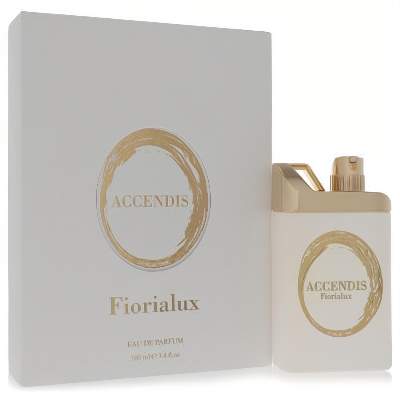Accendis Fiorialux 3.4 oz unisex EDP. Elegant frosted white bottle with unique gold cap and matching branded box.