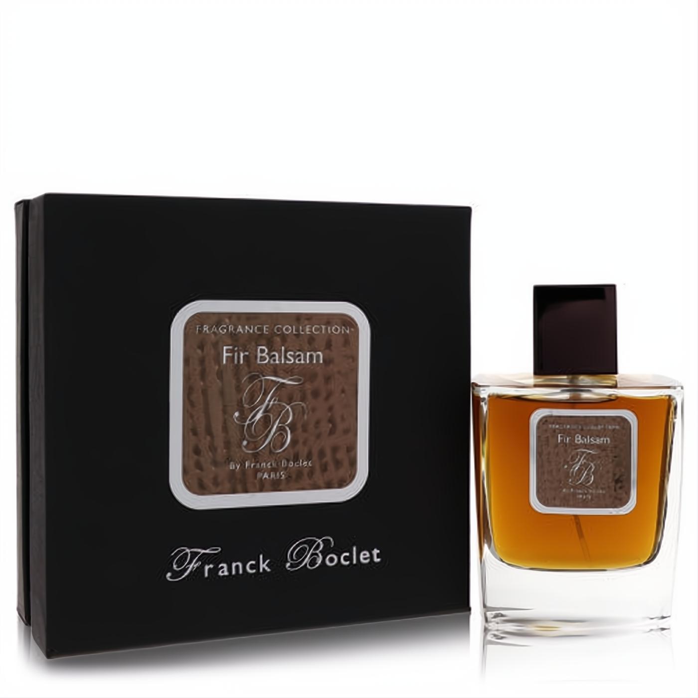 Franck Boclet Fir Balsam 3.3 oz men's EDP. Elegant clear glass bottle with rich amber fragrance and a sophisticated black box.