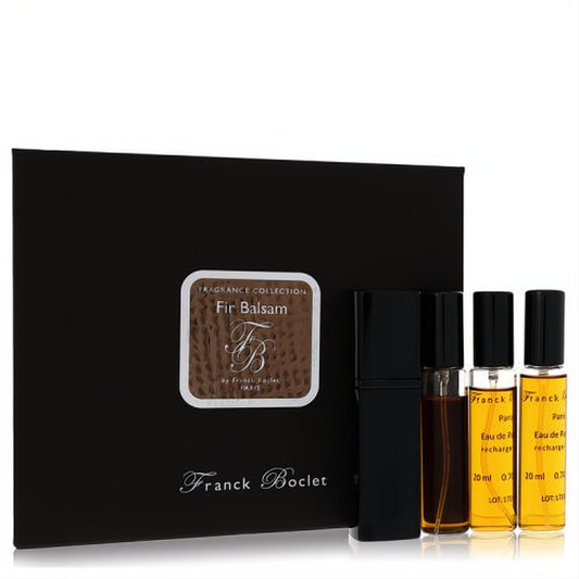 Franck Boclet Fir Balsam men's fragrance travel set. Elegant black box and four 20ml EDP sprays, clear and black bottles.