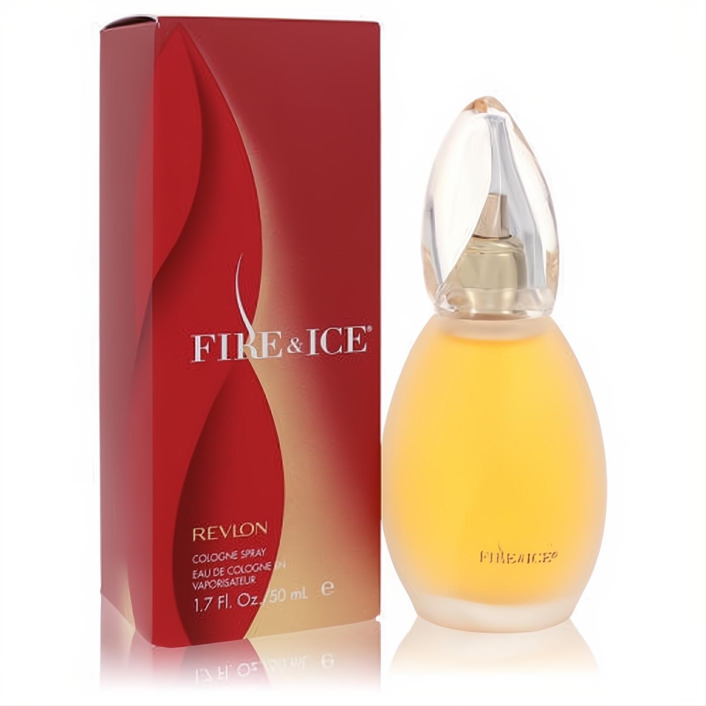 Revlon Fire & Ice 1.7 oz women's cologne. Elegant frosted bottle with golden liquid, clear cap, and striking red box.