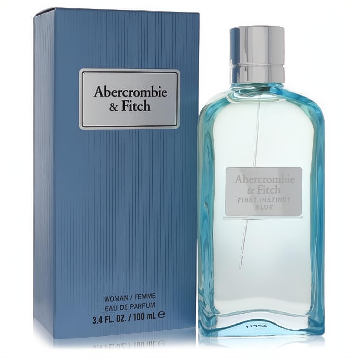 Abercrombie & Fitch First Instinct Blue 3.4 oz women's EDP. Elegant light blue glass bottle with silver cap and sleek matching blue box.