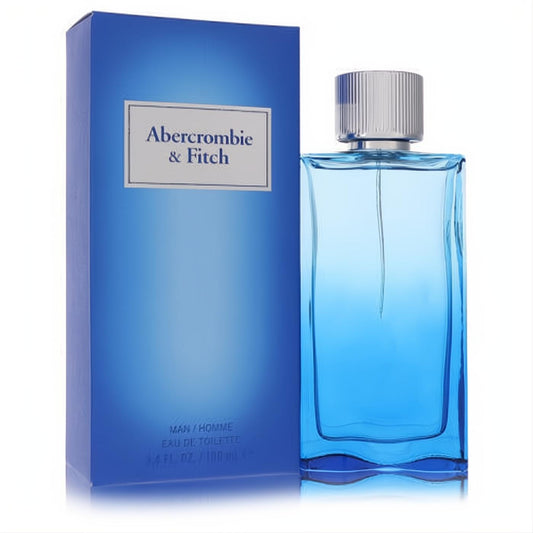 Abercrombie & Fitch First Instinct Together 3.4 oz men's EDT. Modern blue gradient glass bottle with silver cap, next to its elegant blue box.