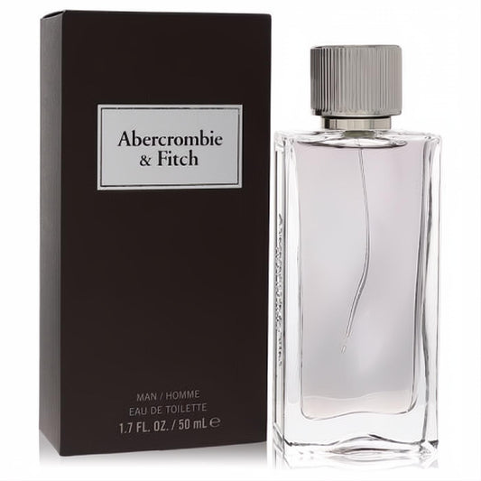 Abercrombie & Fitch First Instinct 1.7 oz men's EDT. Clear glass bottle, silver cap, and sleek dark brown box.