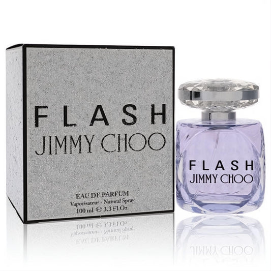 Jimmy Choo Flash 3.3 oz Eau De Parfum spray, featuring a faceted bottle with radiant purple liquid and elegant silver box.