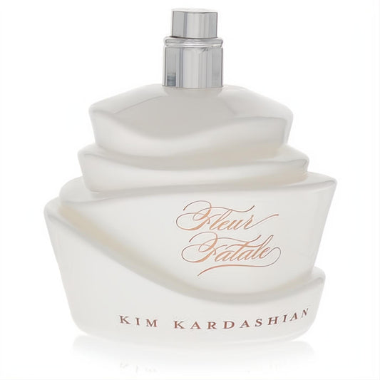 Captivating Fleur Fatale women's perfume by Kim Kardashian. Frosted white layered glass bottle with elegant rose gold script and silver cap.