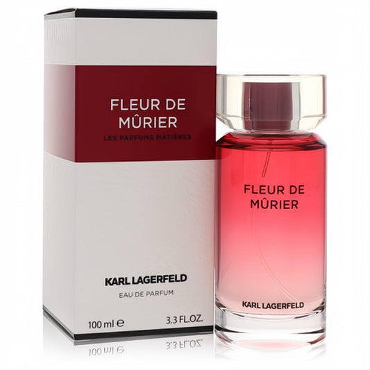 Karl Lagerfeld Fleur de Murier 3.3 oz EDP. Clear bottle with vibrant red liquid, elegant gold cap, and chic white/burgundy box.