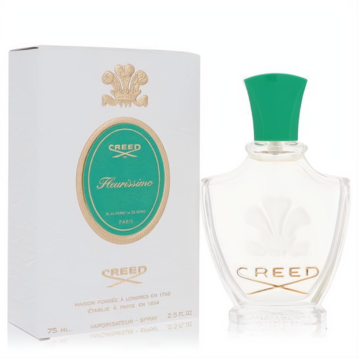 Fleurissimo by CreedMillesime 2.5 oz EDP spray. Elegant clear glass bottle with vibrant green cap, gold logo, and white box.