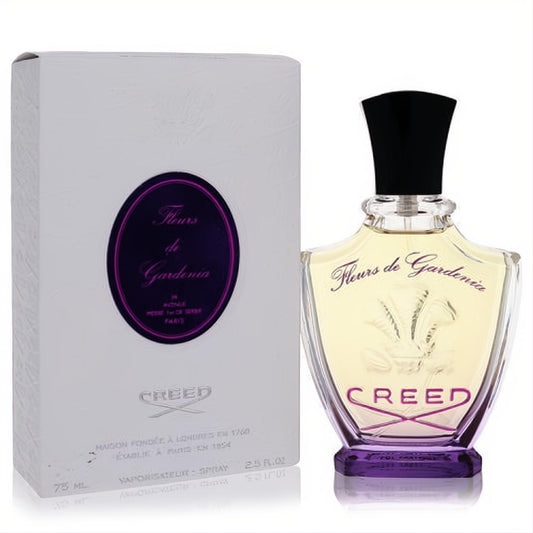 Creed Fleurs De Gardenia 2.5 oz women's perfume. Elegant clear glass bottle with black cap, purple base, and matching white box.