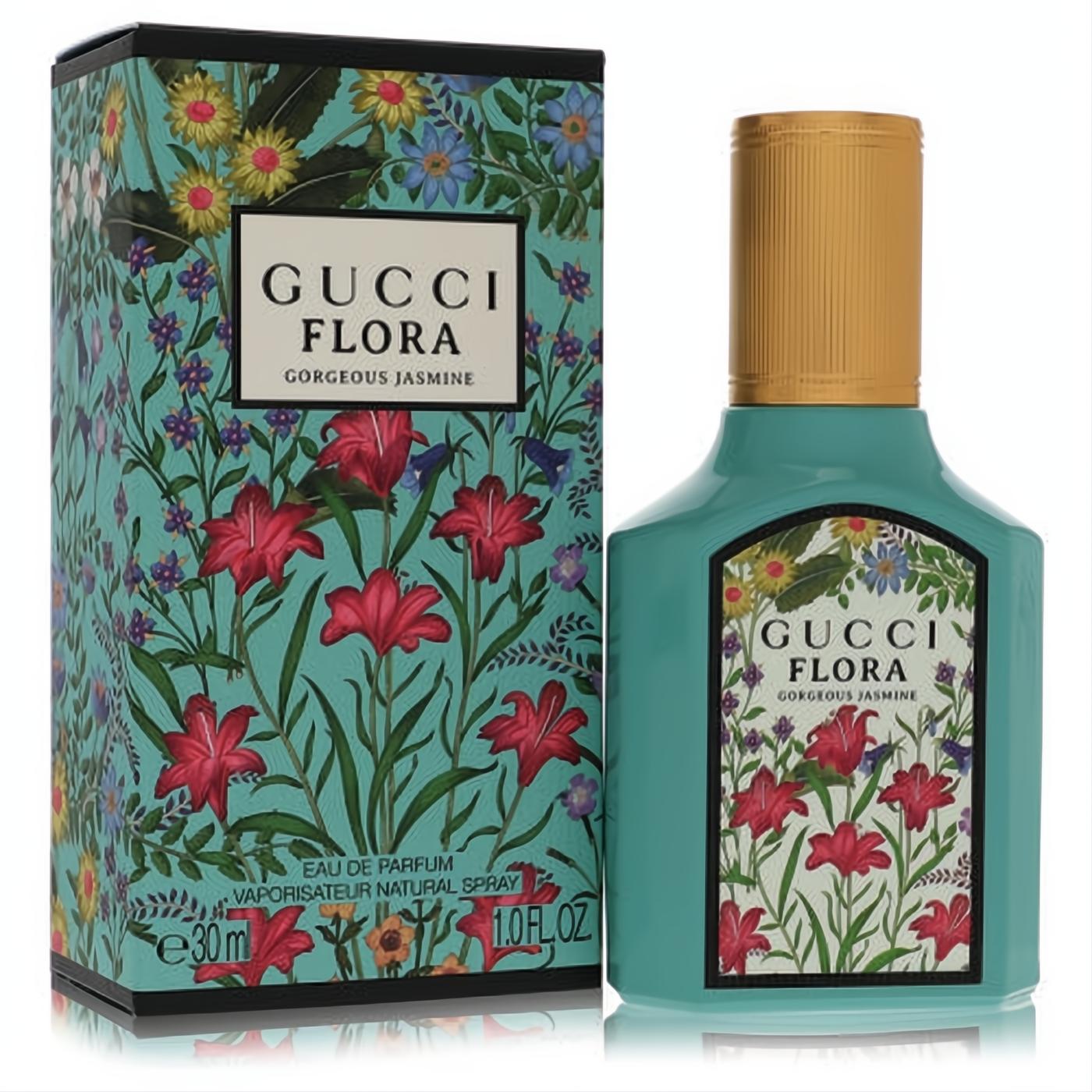 Gucci Flora Gorgeous Jasmine 1 oz EDP. Stunning teal bottle with vibrant red floral print, gold cap, and matching decorative box.