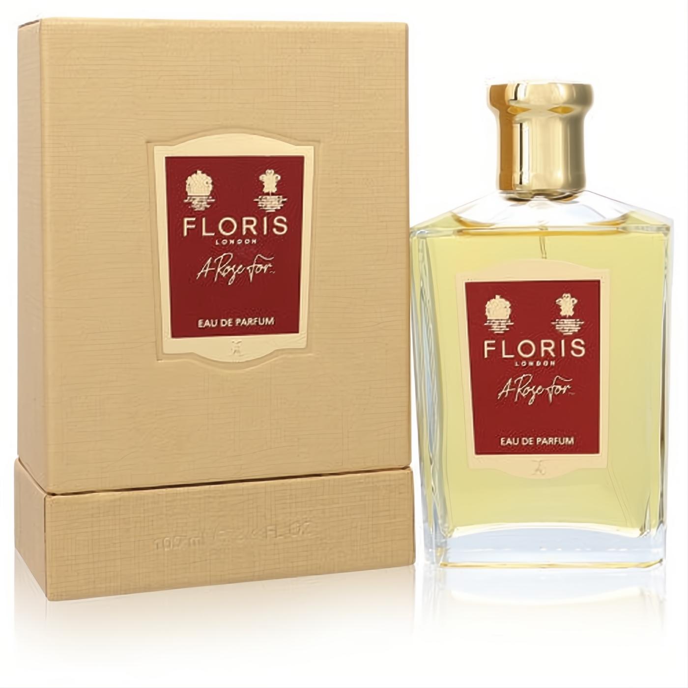 Floris A Rose For 3.4 oz Eau de Parfum in an elegant clear glass bottle with gold cap and luxurious textured gold box.