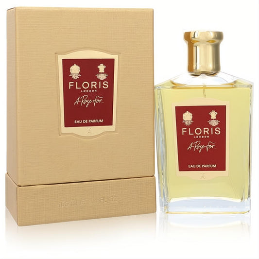 Floris A Rose For 3.4 oz Eau de Parfum in an elegant clear glass bottle with gold cap and luxurious textured gold box.