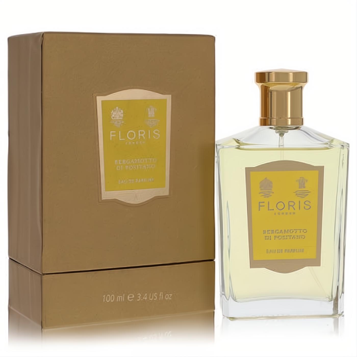 Floris Bergamotto Di Positano 3.4 oz EDP. Clear glass bottle, elegant gold cap, and luxurious textured gold box.