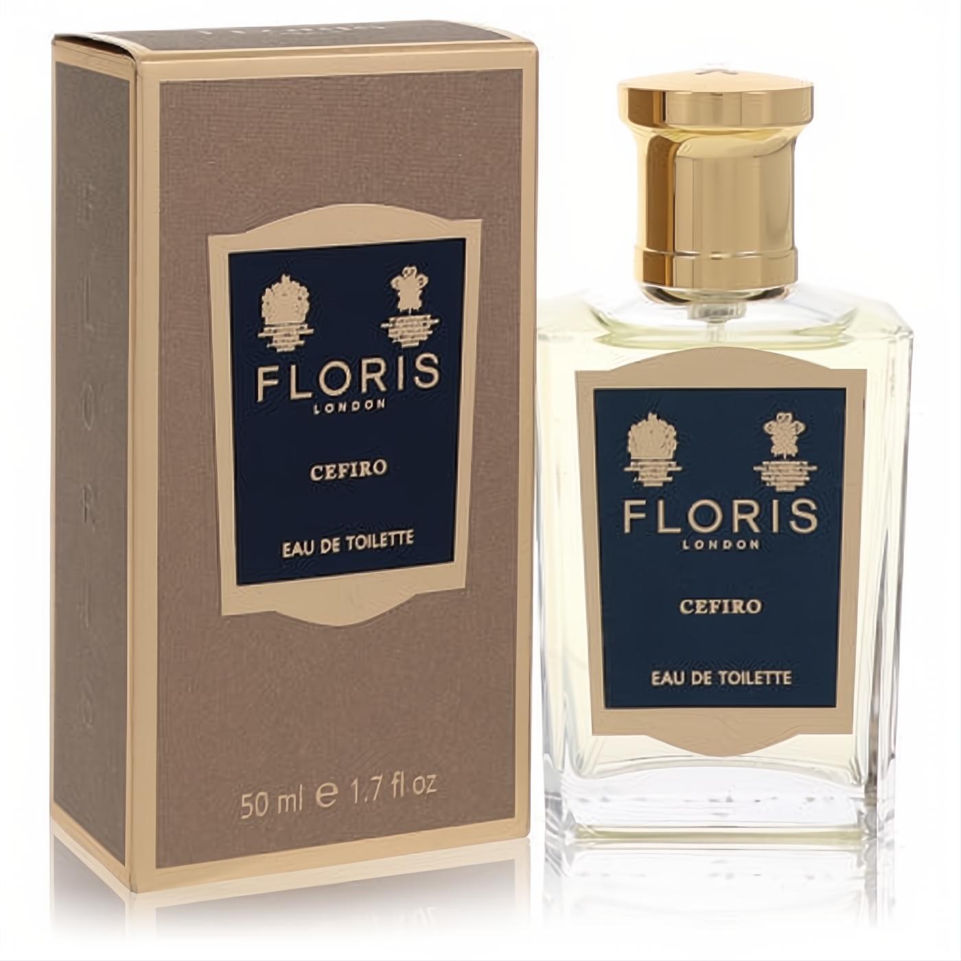 Floris Cefiro 1.7 oz Eau De Toilette spray: clear glass bottle with gold cap, elegant dark blue label, and matching brown box.