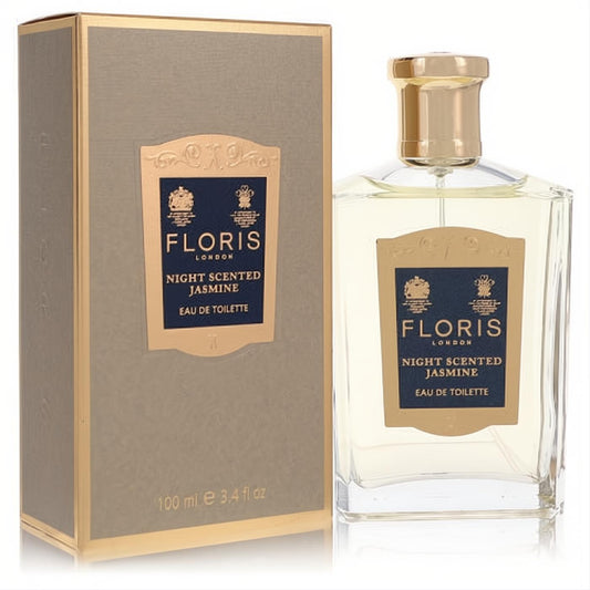 Floris Night Scented Jasmine 3.4 oz EDT. Elegant clear glass bottle with gold cap & blue label, beside its shimmering gold box.