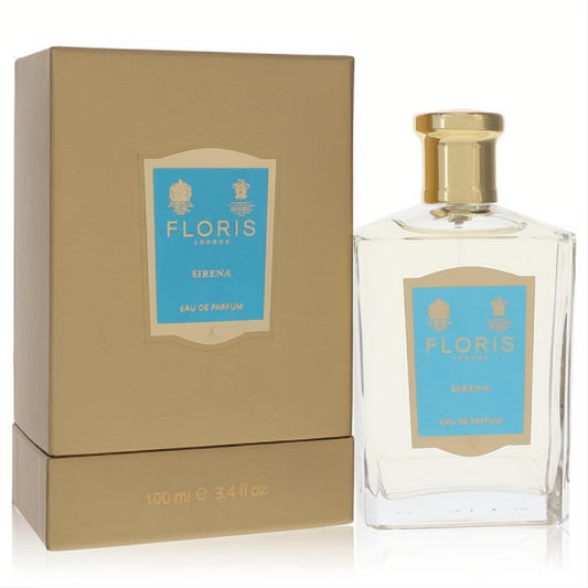Elegant Floris Sirena 3.4 oz EDP in a clear glass bottle with a luxurious gold cap and matching gold box, featuring a distinctive blue label.