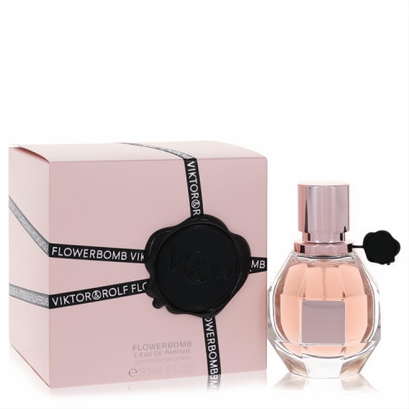 Experience Flowerbomb by Viktor & Rolf 1 oz EDP. Iconic grenade-shaped bottle with rose gold cap and elegant pink gift box.