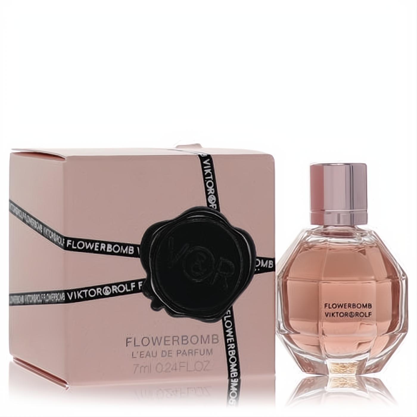 Viktor & Rolf Flowerbomb Mini EDP .24 oz, a charming pink grenade bottle with rose gold cap, displayed with its signature pink box.