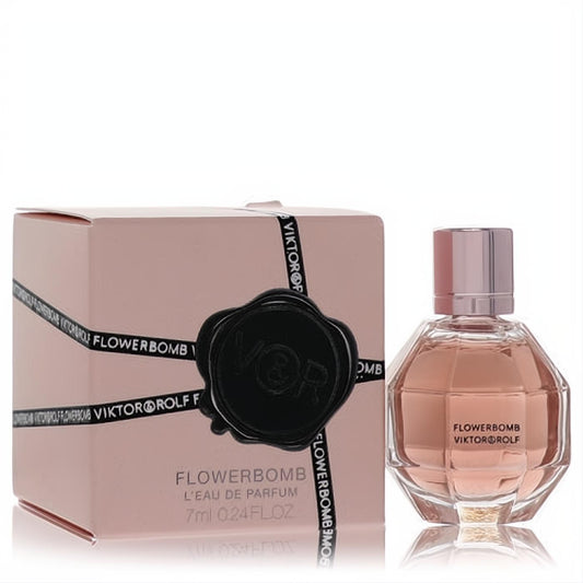 Viktor & Rolf Flowerbomb Mini EDP .24 oz, a charming pink grenade bottle with rose gold cap, displayed with its signature pink box.