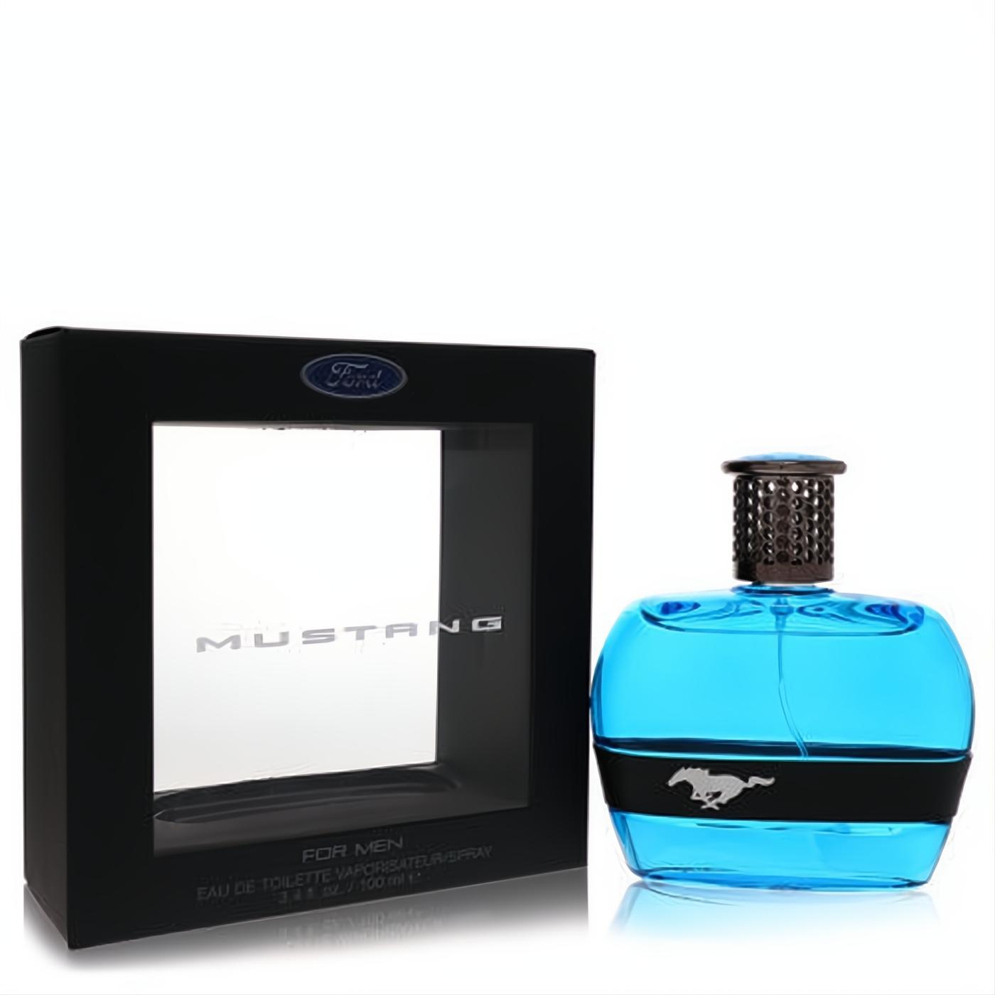 Experience Ford Mustang Blue Eau De Toilette. 3.4 oz vibrant blue bottle with iconic horse logo, presented in a sleek black box.