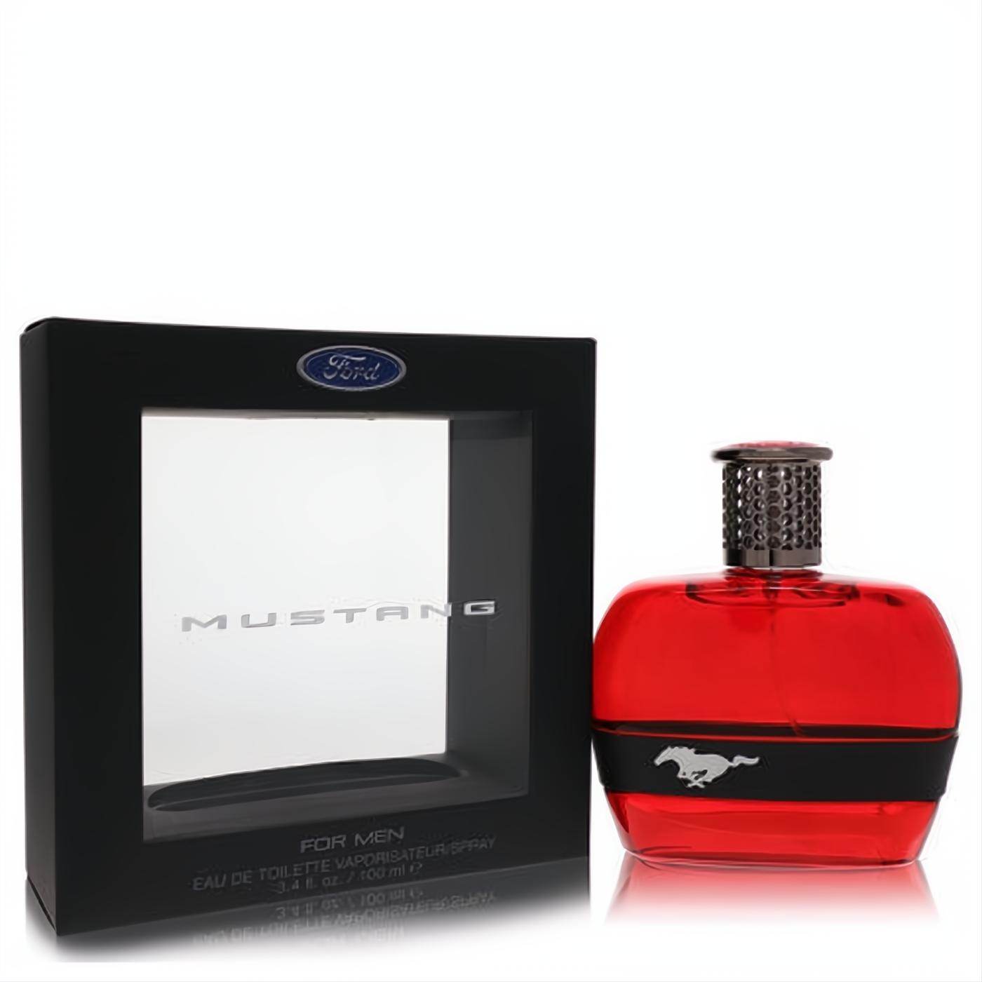 Bold red Ford Mustang 3.4 oz men's cologne bottle with silver logo and textured cap, displayed with its sleek black box.