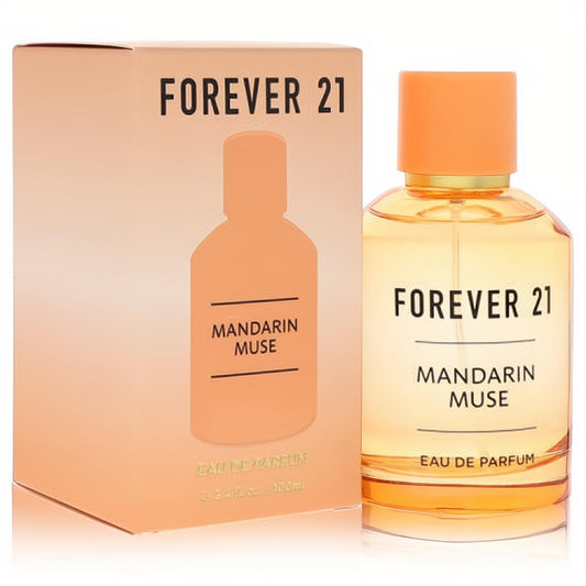 Forever 21 Mandarin Muse 3.4 oz Eau De Parfum. Vibrant amber fragrance in a sleek glass bottle with an orange cap and peach box.