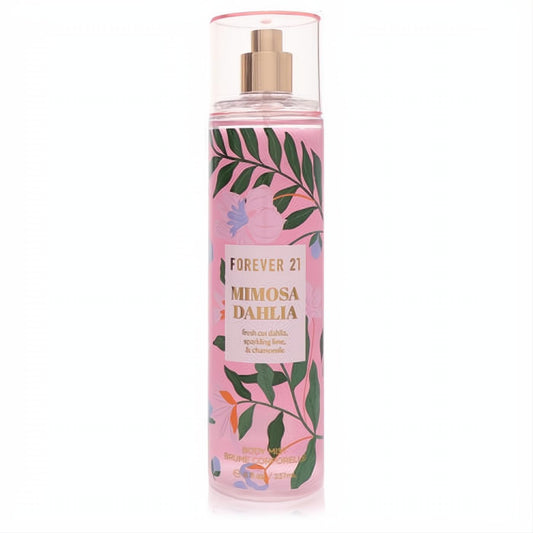 Forever 21 Mimosa Dahlia 8 oz body mist. Clear bottle, vibrant pink floral label with dahlia, lime, chamomile.