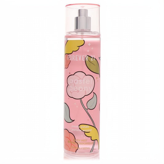 Forever 21 Pastel Peony 8 oz body mist. Clear bottle, soft pink liquid, charming label with pastel peony flowers.