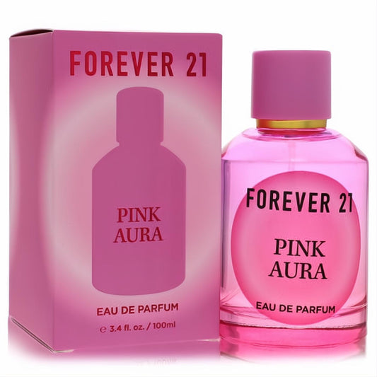 Captivating Forever 21 Pink Aura women's 3.4 oz Eau De Parfum spray. Chic pink glass bottle and matching box with gold accent.