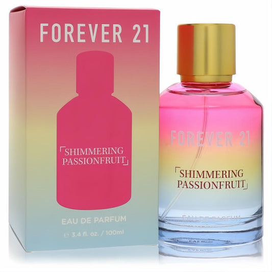 Vibrant Forever 21 Shimmering Passionfruit 3.4 oz EDP spray. Clear bottle with stunning pink-yellow-blue ombre liquid, gold cap, and matching box.