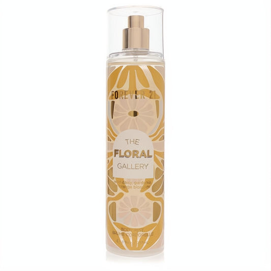 Forever 21 The Floral Gallery 8 oz women's body mist. Clear bottle, elegant gold sprayer, vibrant yellow floral-citrus design.