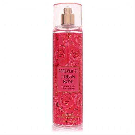 Forever 21 Urban Rose 8 oz body mist. Clear bottle with vibrant pink rose pattern and chic gold sprayer.