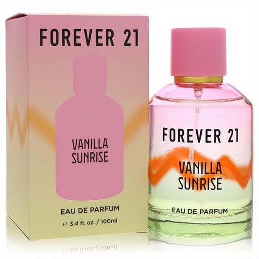 Experience Forever 21 Vanilla Sunrise 3.4 oz Eau De Parfum. Clear bottle, vibrant pink cap, orange sunrise design, matching box.