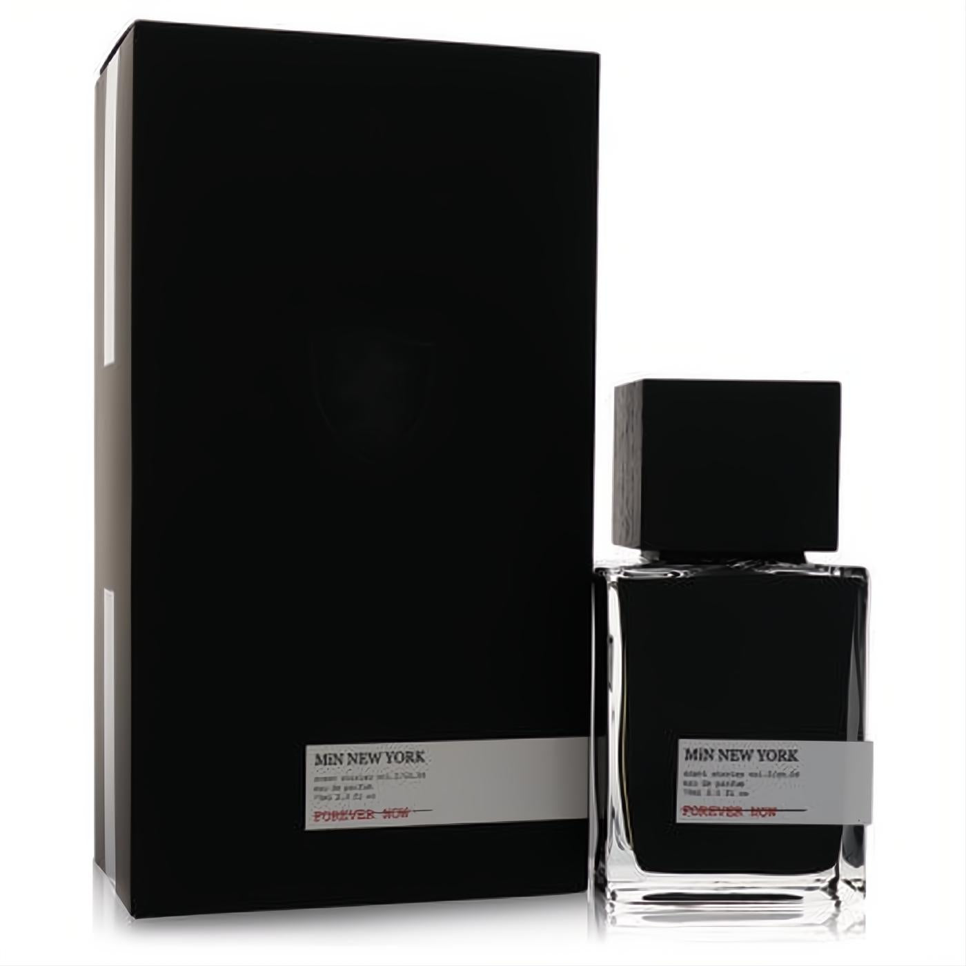 Sophisticated Min New York Forever Now 2.5 oz unisex fragrance. Clear glass bottle with black liquid, square cap, and sleek black box.