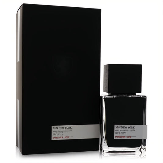 Sophisticated Min New York Forever Now 2.5 oz unisex fragrance. Clear glass bottle with black liquid, square cap, and sleek black box.