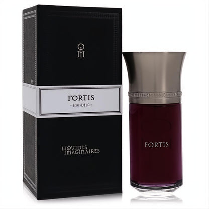 Luxurious Fortis Liquides Imaginaires 3.3 oz EDP spray. Sleek deep red bottle, elegant metallic cap, and sophisticated black box.