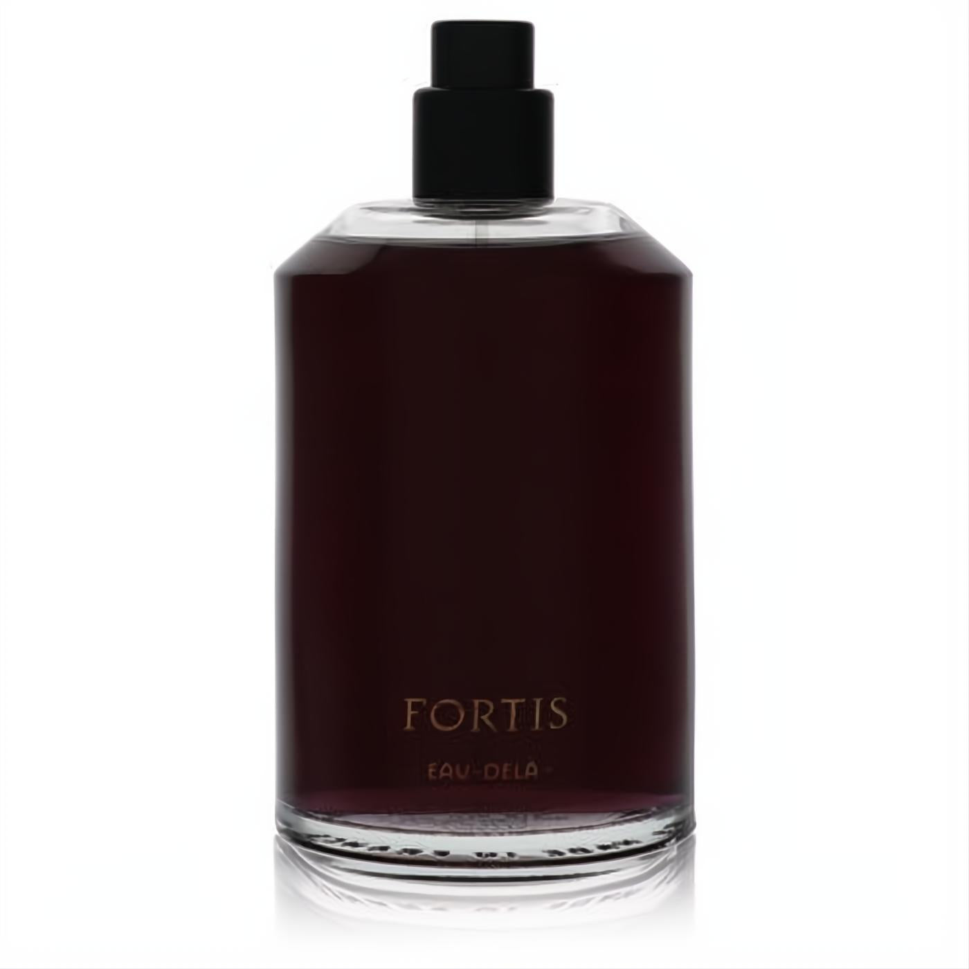 Discover Fortis Eau De Parfum: a sleek clear glass bottle with rich dark plum liquid, gold lettering, and black cap.