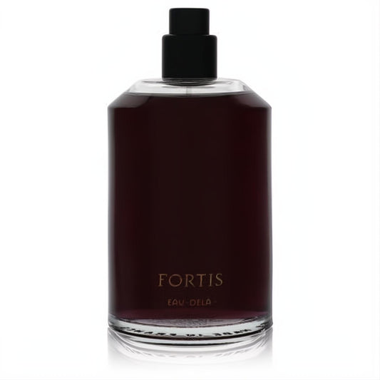 Discover Fortis Eau De Parfum: a sleek clear glass bottle with rich dark plum liquid, gold lettering, and black cap.