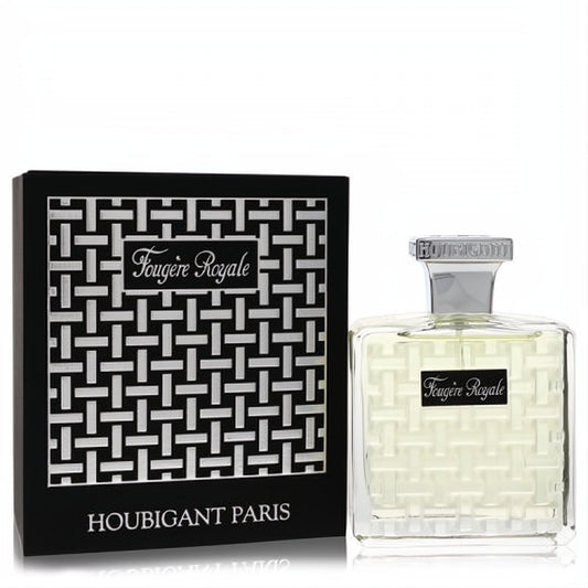Experience Fougere Royale Houbigant Eau De Parfum. Clear textured glass bottle, silver cap, and elegant black box with silver pattern.