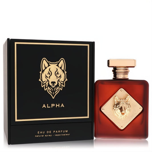 Distinctive Fragrance World Alpha 3.4 oz men's Eau De Parfum. Frosted dark red bottle with bold gold wolf emblem and elegant black box.