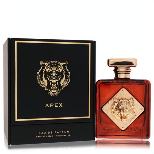 Bold Apex 3.4 oz men's EDP: amber bottle, gold tiger emblem, and luxurious black box. Command attention.