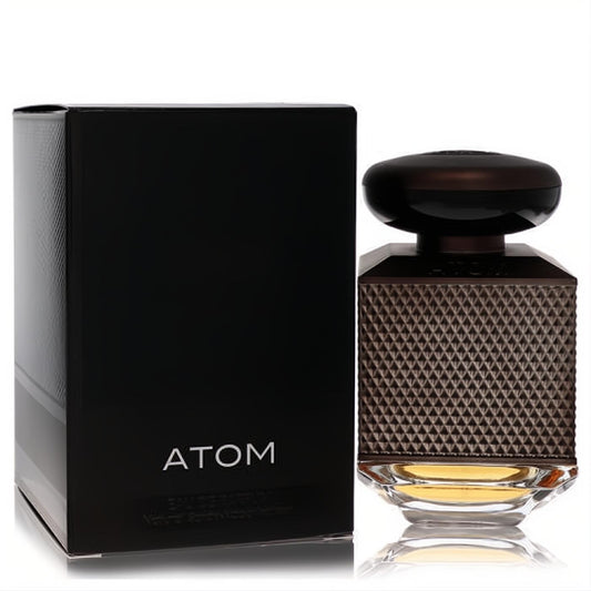 Bold Atom Grey 3.4 oz men's EDP spray bottle with textured dark grey design, glossy cap, and sleek black box.