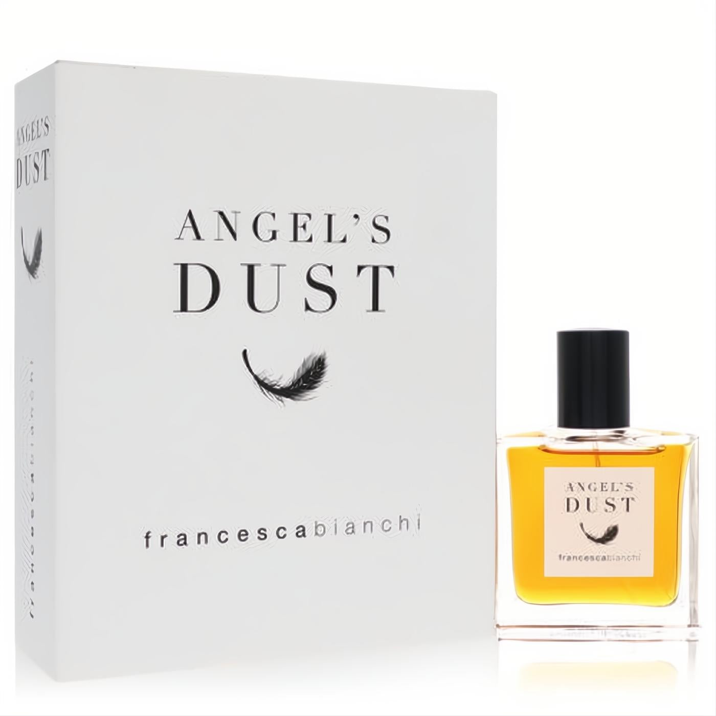 Elegant Francesca Bianchi Angel's Dust fragrance bottle with amber liquid, black cap, and matching white box with feather design.
