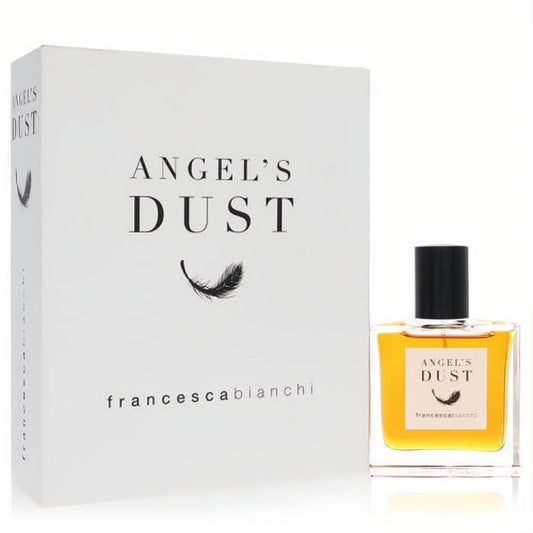 Elegant Francesca Bianchi Angel's Dust fragrance bottle with amber liquid, black cap, and matching white box with feather design.